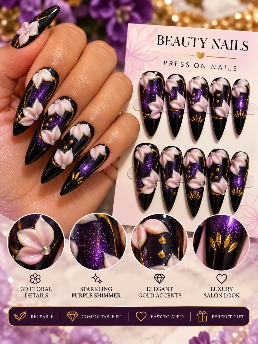 Press-On Stiletto Nails — Purple & Black Floral Design - Size Medium
